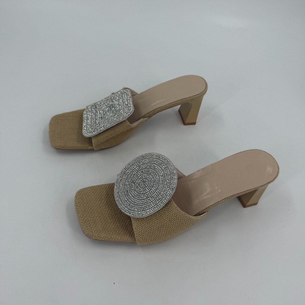 Yili & Shoes Heeled Slide Sandals Womens 40 Beige Rhinestone Cube Globe Open Toe